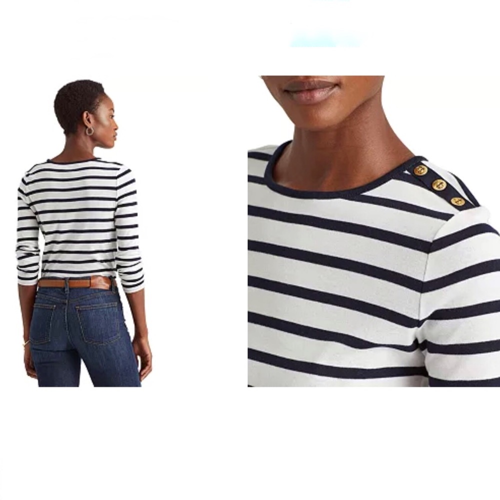 LAUREN RALPH LAUREN Nautical Striped Cotton Long Sleeve Top Button Shoulder - Picture 2 of 12